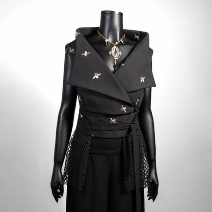 Black vest with embroidered bees and mesh lace Eloise the label