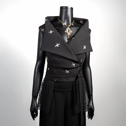 Black vest with embroidered bees and mesh lace Eloise the label