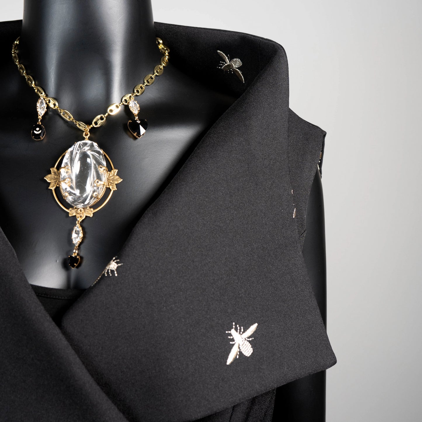 Black vest with embroidered bees and mesh lace Eloise the label