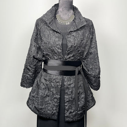 Gothic style black crinkle jacquard coat with high stand up collar evening coat chunky silver statement necklace made in Melbourne Eloise the label