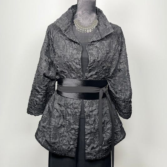 Gothic style black crinkle jacquard coat with high stand up collar evening coat chunky silver statement necklace made in Melbourne Eloise the label