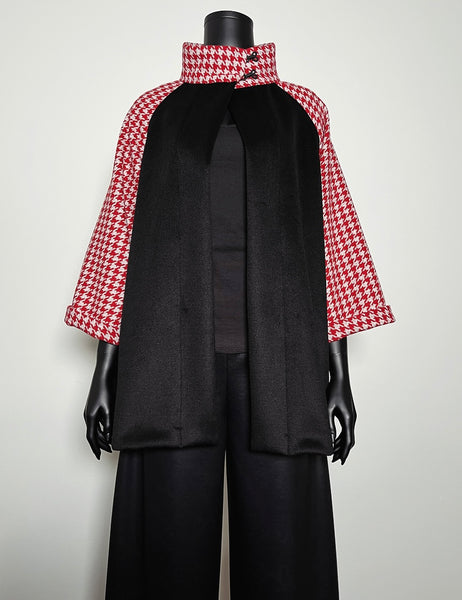 Red houndstooth swing coat winter wool jacket evening coat stylish clothing handmade in melbourne classy elegant clothing timeless pieces timeless clothing classic style unique clothing unique style ageless style luxe fabrics statement clothing statement style clothing womens clothing made in australia eloise the label