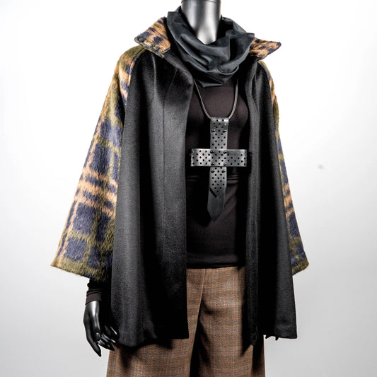 Abbey Coat - Black Wool With Contrast Plaid Sleeve And Collar