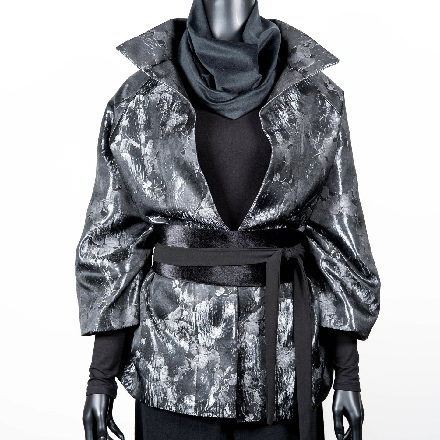 Grey floral jacquard coat evening coat stand up collar chunky silver statement necklace made in Melbourne Eloise the label