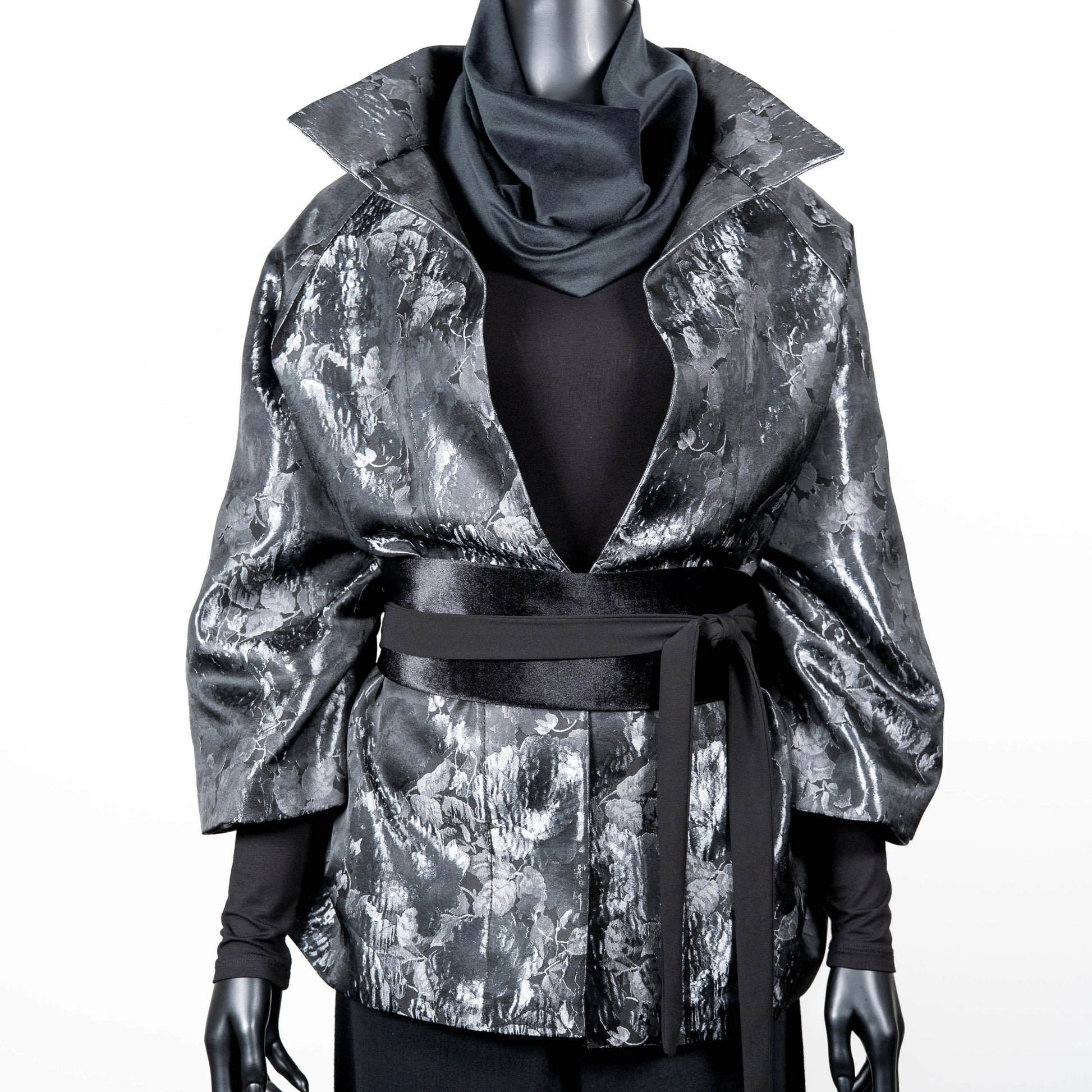 Grey floral jacquard coat evening coat stand up collar chunky silver statement necklace made in Melbourne Eloise the label