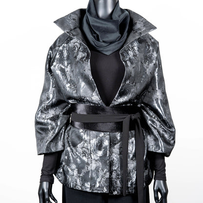 Grey floral jacquard coat evening coat stand up collar chunky silver statement necklace made in Melbourne Eloise the label
