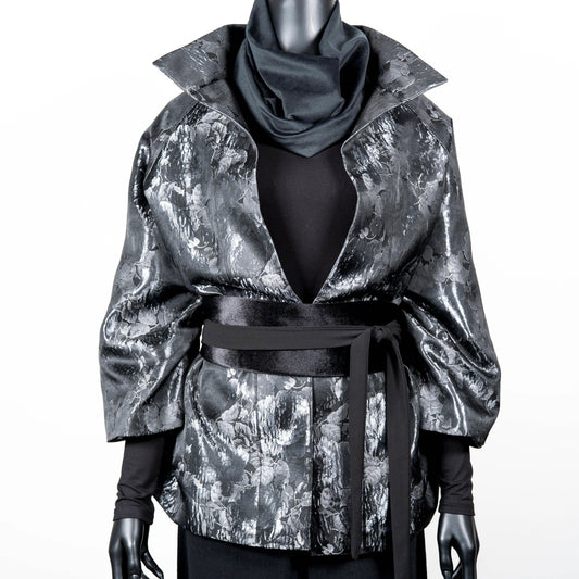 Grey floral jacquard coat evening coat stand up collar chunky silver statement necklace made in Melbourne Eloise the label