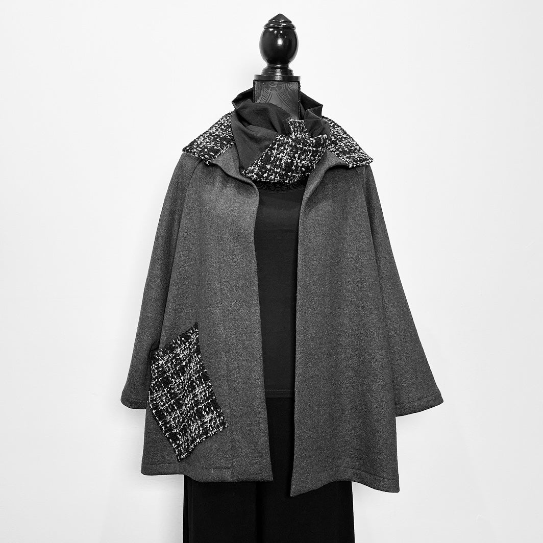 winter wool swing coat in grey and black with high collar