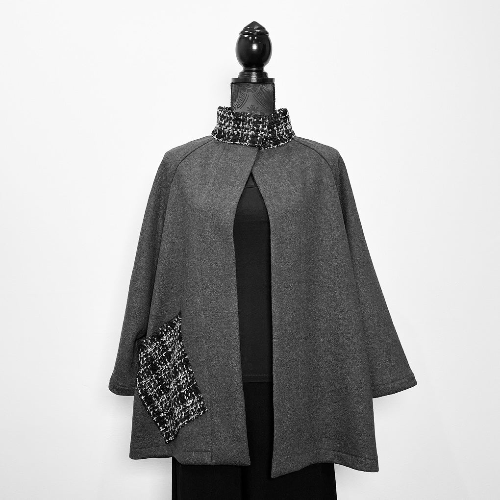 winter wool swing coat in grey and black with high collar