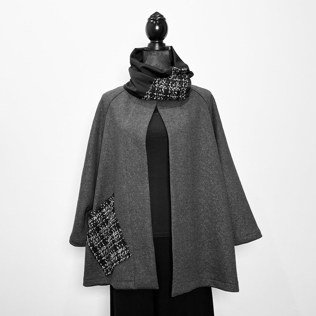 winter wool swing coat in grey and black with high collar