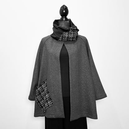 winter wool swing coat in grey and black with high collar