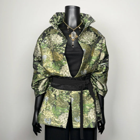 brocade evening coat jacket in green and gold organza stand up collar glamorous style black obi belt event wear made in Melbourne Eloise the label