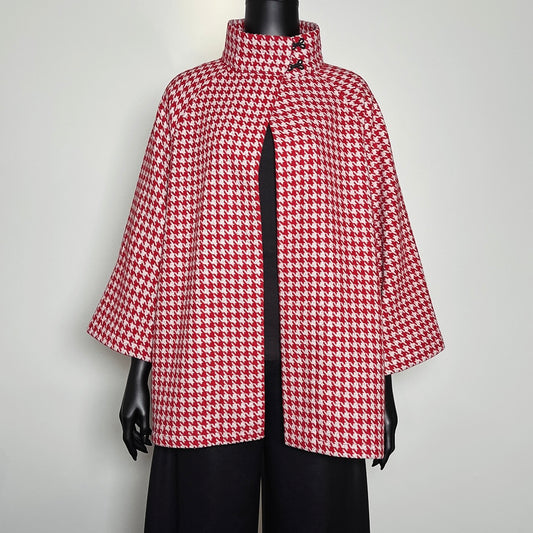 Red houndstooth swing coat winter wool jacket evening coat stylish clothing handmade in melbourne classy elegant clothing timeless pieces timeless clothing classic style unique clothing unique style ageless style luxe fabrics statement clothing statement style clothing womens clothing made in australia eloise the label