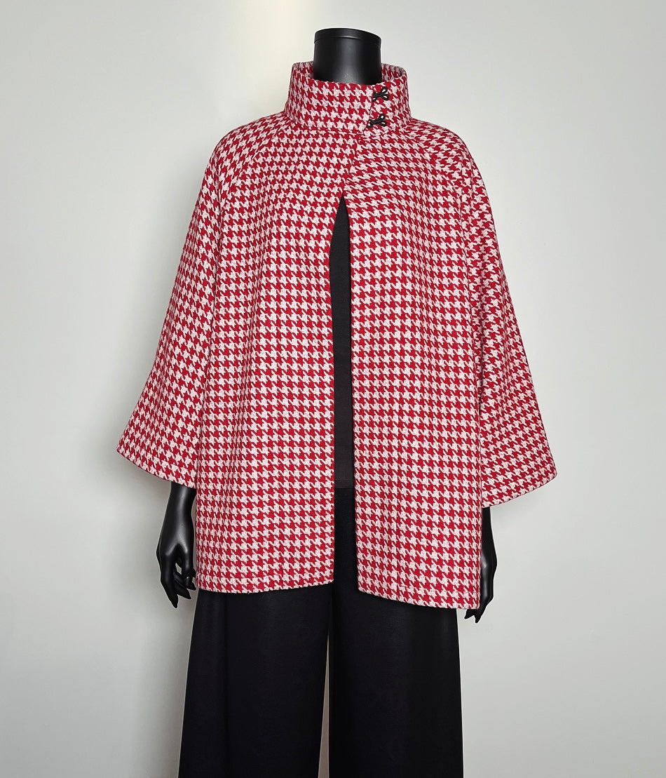 Red houndstooth swing coat winter wool jacket evening coat stylish clothing handmade in melbourne classy elegant clothing timeless pieces timeless clothing classic style unique clothing unique style ageless style luxe fabrics statement clothing statement style clothing womens clothing made in australia eloise the label