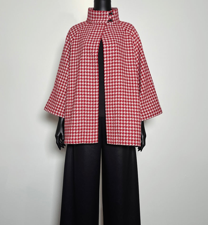 Red houndstooth swing coat winter wool jacket evening coat stylish clothing handmade in melbourne classy elegant clothing timeless pieces timeless clothing classic style unique clothing unique style ageless style luxe fabrics statement clothing statement style clothing womens clothing made in australia eloise the label