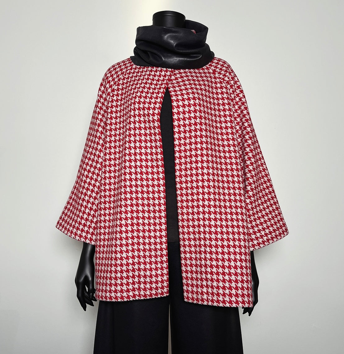 Red houndstooth swing coat winter wool jacket evening coat stylish clothing handmade in melbourne classy elegant clothing timeless pieces timeless clothing classic style unique clothing unique style ageless style luxe fabrics statement clothing statement style clothing womens clothing made in australia eloise the label