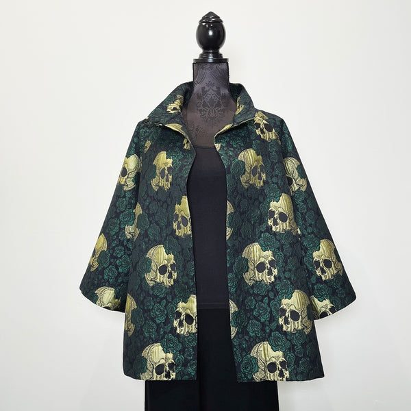 skulls and roses swing coat jacket jacquard brocade vest ladies apparel stylish clothing handmade in melbourne classy elegant clothing timeless pieces timeless clothing classic style unique clothing unique style ageless style luxe fabrics statement clothing statement style evening style clothing floral vest stand up collar womens clothing made in australia eloise the label