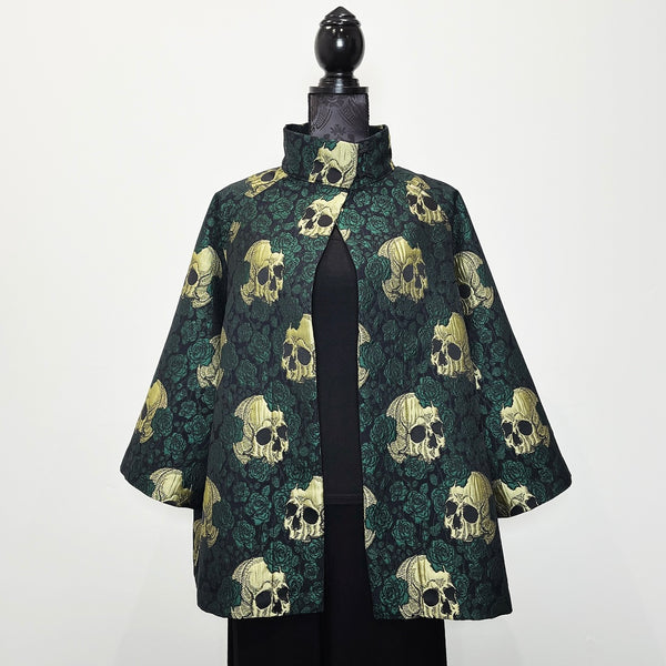 skulls and roses swing coat jacket jacquard brocade vest ladies apparel stylish clothing handmade in melbourne classy elegant clothing timeless pieces timeless clothing classic style unique clothing unique style ageless style luxe fabrics statement clothing statement style evening style clothing floral vest stand up collar womens clothing made in australia eloise the label