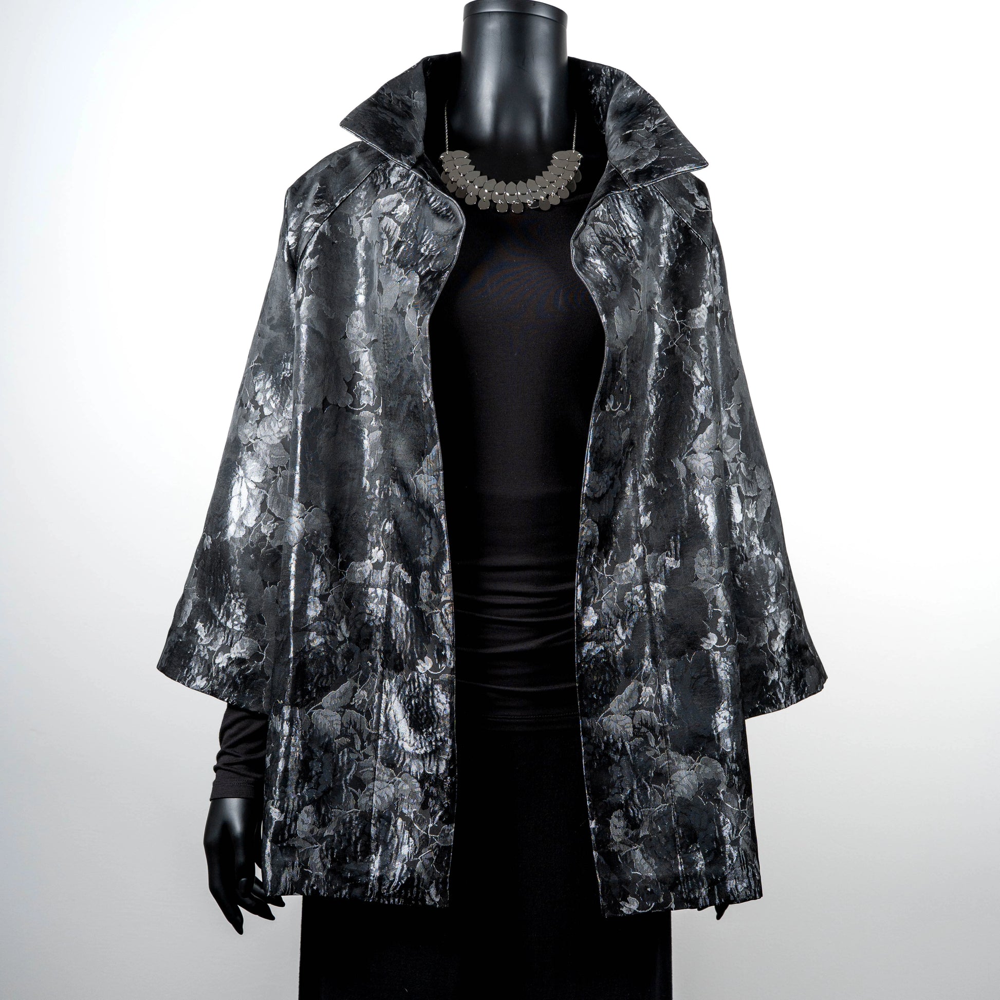 Grey floral jacquard coat evening coat stand up collar chunky silver statement necklace made in Melbourne Eloise the label