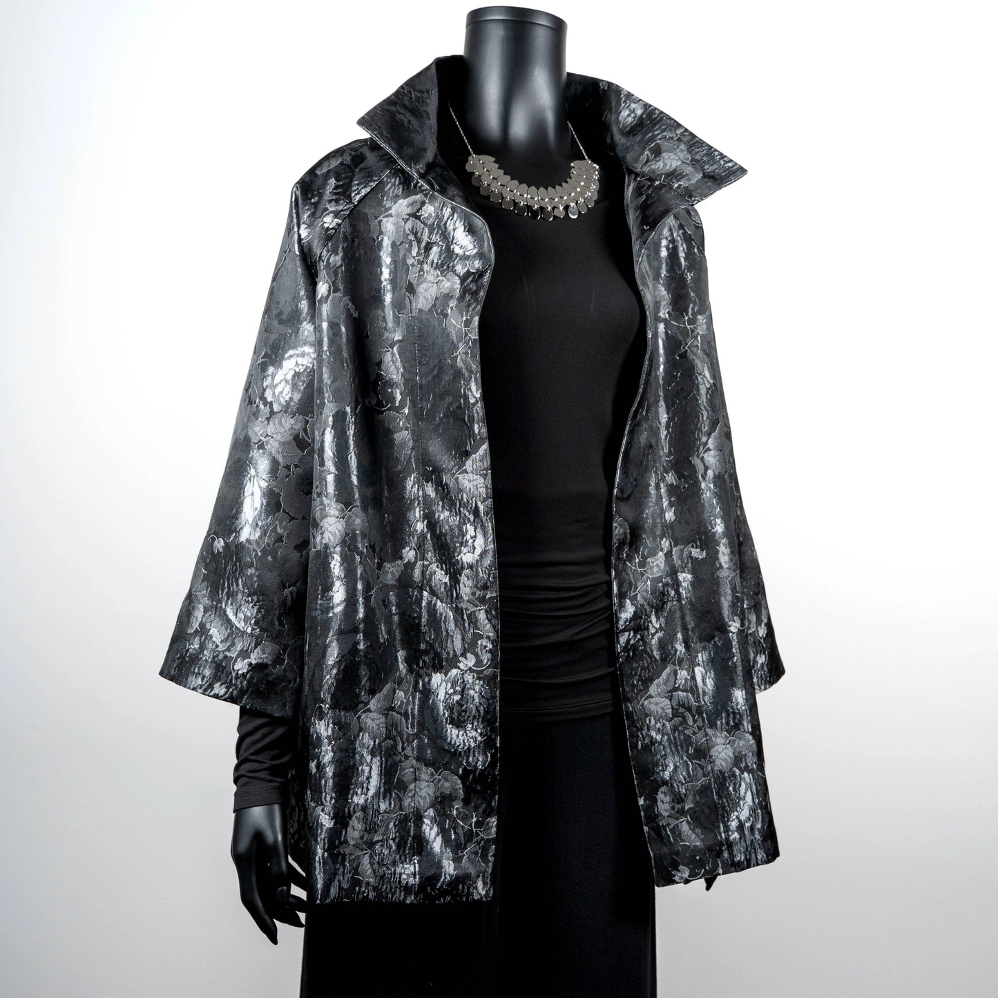 Grey floral jacquard coat evening coat stand up collar chunky silver statement necklace made in Melbourne Eloise the label