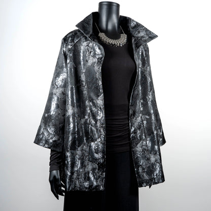 Grey floral jacquard coat evening coat stand up collar chunky silver statement necklace made in Melbourne Eloise the label