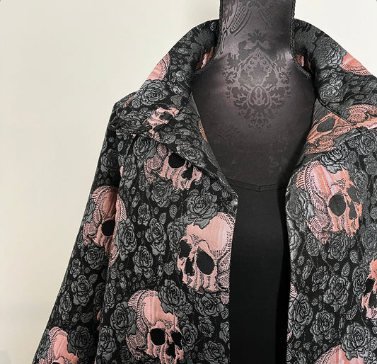 skulls and roses vest jacquard brocade vest ladies apparel stylish clothing handmade in melbourne classy elegant clothing timeless pieces timeless clothing classic style unique clothing unique style ageless style luxe fabrics statement clothing statement style evening style clothing floral vest stand up collar womens clothing made in australia eloise the label