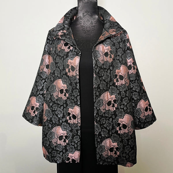 skulls and roses vest jacquard brocade vest ladies apparel stylish clothing handmade in melbourne classy elegant clothing timeless pieces timeless clothing classic style unique clothing unique style ageless style luxe fabrics statement clothing statement style evening style clothing floral vest stand up collar womens clothing made in australia eloise the label