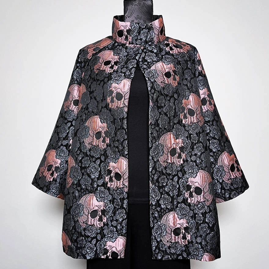 skulls and roses vest jacquard brocade vest ladies apparel stylish clothing handmade in melbourne classy elegant clothing timeless pieces timeless clothing classic style unique clothing unique style ageless style luxe fabrics statement clothing statement style evening style clothing floral vest stand up collar womens clothing made in australia eloise the label