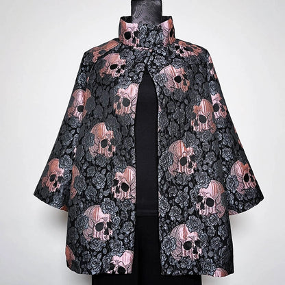 skulls and roses vest jacquard brocade vest ladies apparel stylish clothing handmade in melbourne classy elegant clothing timeless pieces timeless clothing classic style unique clothing unique style ageless style luxe fabrics statement clothing statement style evening style clothing floral vest stand up collar womens clothing made in australia eloise the label