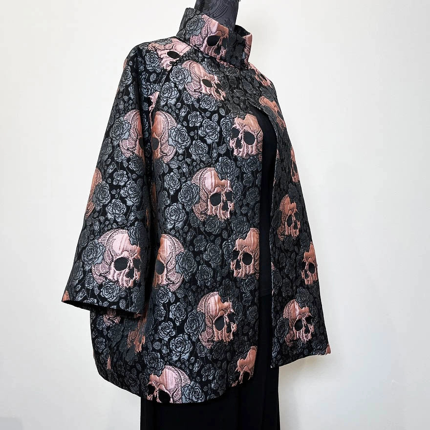 skulls and roses vest jacquard brocade vest ladies apparel stylish clothing handmade in melbourne classy elegant clothing timeless pieces timeless clothing classic style unique clothing unique style ageless style luxe fabrics statement clothing statement style evening style clothing floral vest stand up collar womens clothing made in australia eloise the label