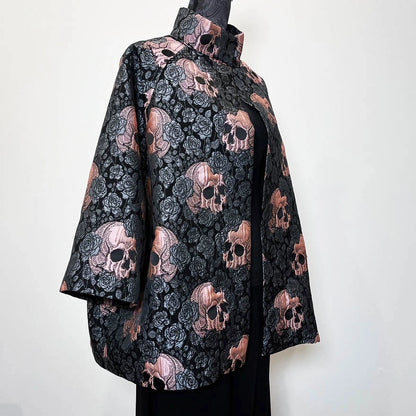 skulls and roses vest jacquard brocade vest ladies apparel stylish clothing handmade in melbourne classy elegant clothing timeless pieces timeless clothing classic style unique clothing unique style ageless style luxe fabrics statement clothing statement style evening style clothing floral vest stand up collar womens clothing made in australia eloise the label