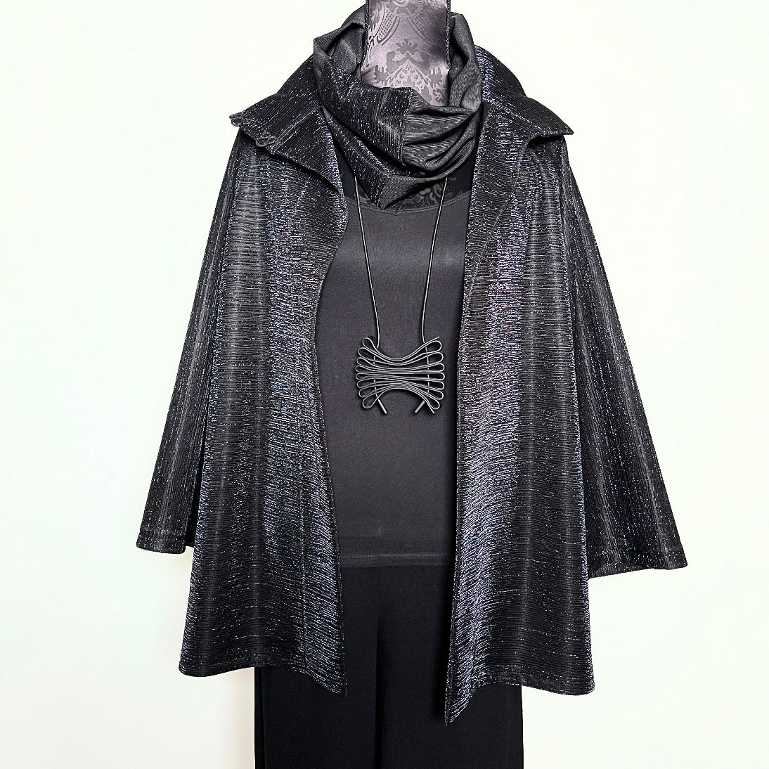 black evening coat jacquard brocade jacket ladies apparel swing coat stylish clothing handmade in melbourne classy elegant event wear clothing timeless pieces timeless clothing classic style unique clothing unique style ageless style luxe fabrics statement clothing statement style evening style clothing stand up collar womens clothing made in australia eloise the label