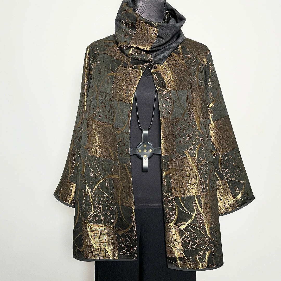 gold evening coat jacquard brocade jacket ladies apparel stylish clothing handmade in melbourne classy elegant event wear clothing timeless pieces timeless clothing classic style unique clothing unique style ageless style luxe fabrics statement clothing statement style evening style clothing stand up collar womens clothing made in australia eloise the label