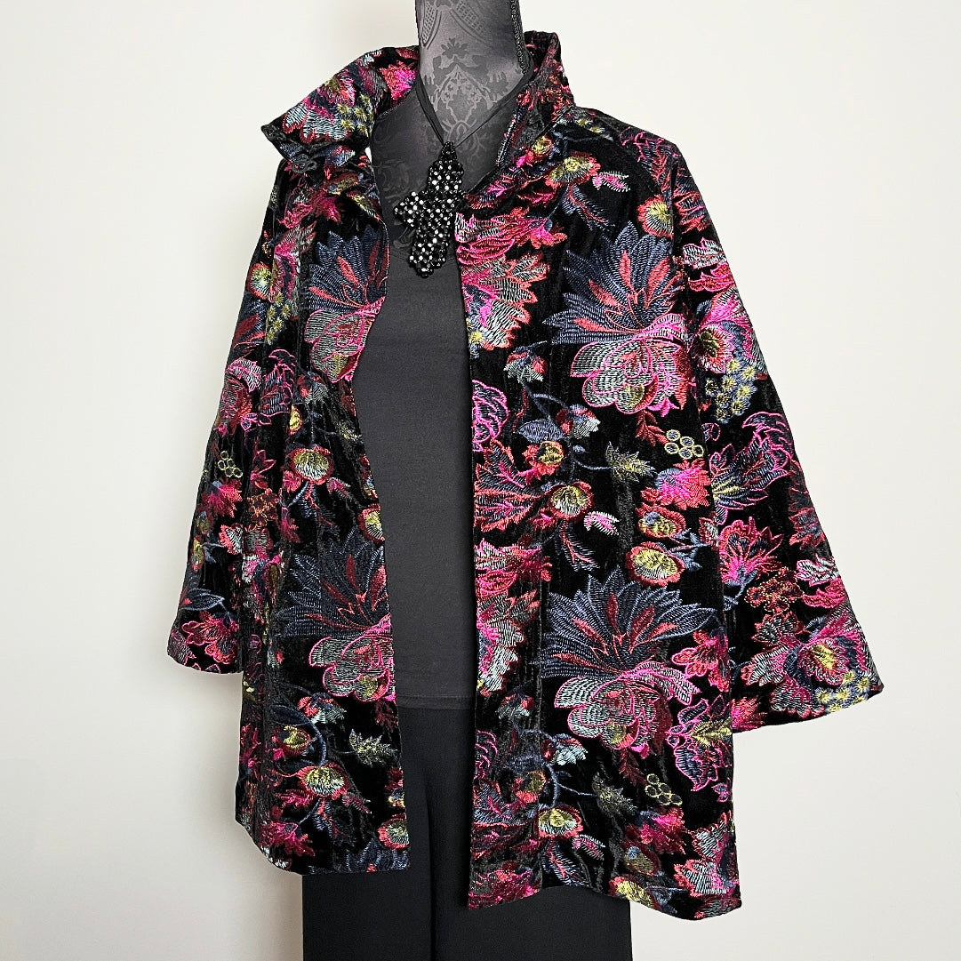 Floral embroidered black velvet swing coat evening coat stylish clothing evening wear handmade in melbourne classy elegant clothing timeless clothing classic style unique clothing unique style ageless style luxe fabrics womens clothing made in melbourne australia eloise the label