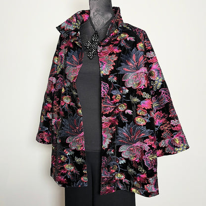 Floral embroidered black velvet swing coat evening coat stylish clothing evening wear handmade in melbourne classy elegant clothing timeless clothing classic style unique clothing unique style ageless style luxe fabrics womens clothing made in melbourne australia eloise the label
