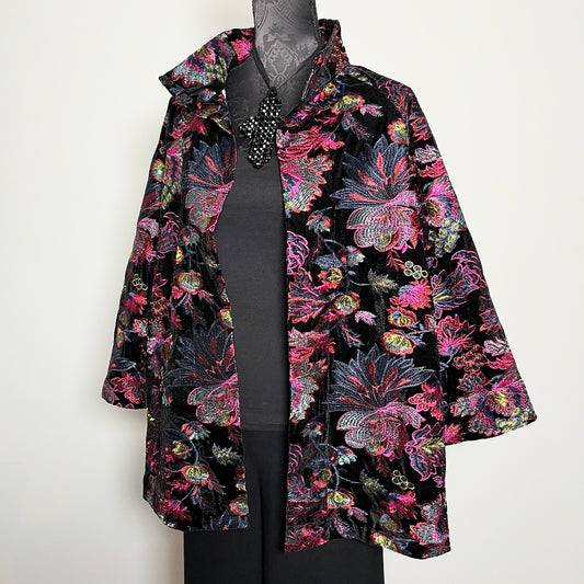 Floral embroidered black velvet swing coat evening coat stylish clothing evening wear handmade in melbourne classy elegant clothing timeless clothing classic style unique clothing unique style ageless style luxe fabrics womens clothing made in melbourne australia eloise the label