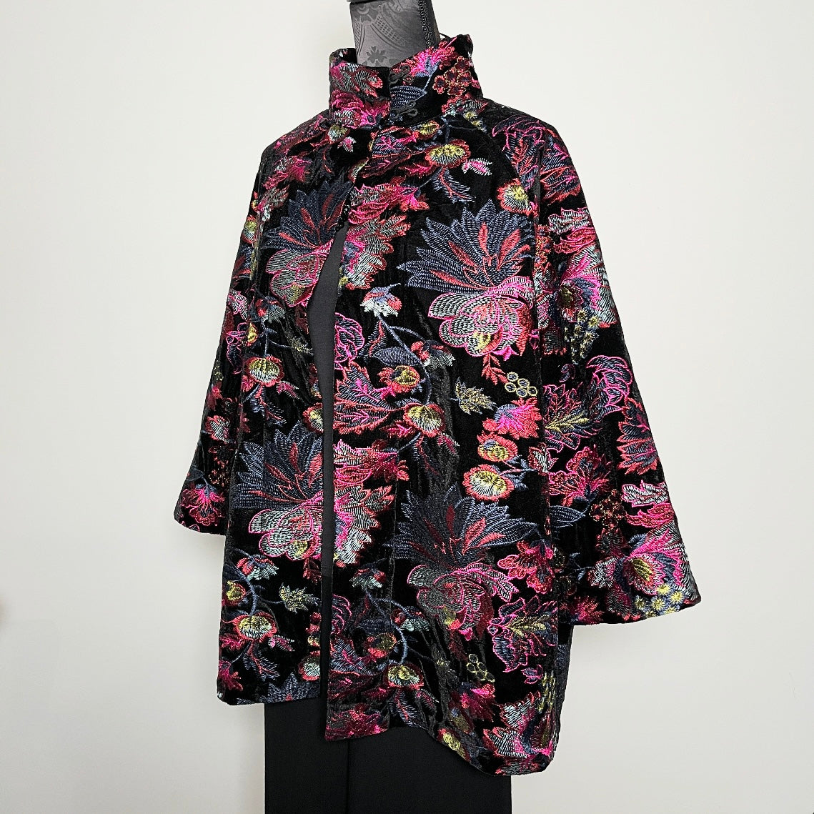 Floral embroidered black velvet swing coat evening coat stylish clothing evening wear handmade in melbourne classy elegant clothing timeless clothing classic style unique clothing unique style ageless style luxe fabrics womens clothing made in melbourne australia eloise the label
