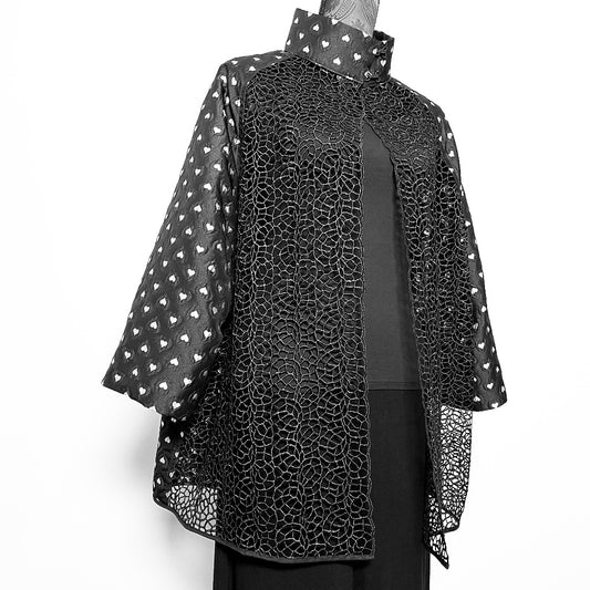 black lace mesh evening coat jacquard black and white hearts brocade jacket ladies swing coat stylish clothing made in melbourne classy elegant evening wear event wear clothing timeless style classic style unique clothing unique style ageless style luxe fabrics statement clothing statement style stand up collar womens clothing made in australia eloise the label