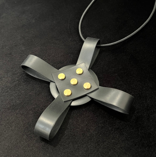 Black Rubber Necklace - Cross With Brass Stud