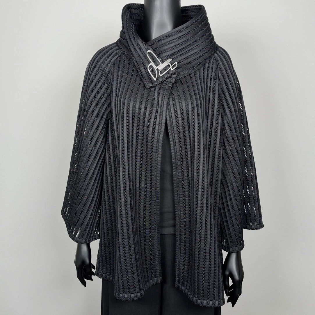Black mesh coat with high stand up collar and statement silver brooch evening coat event wear unique clothing made in Melbourne Eloise the label