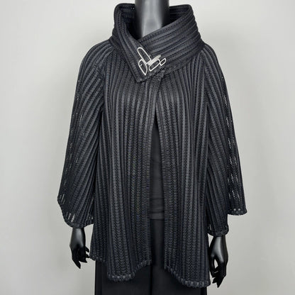 Black mesh coat with high stand up collar and statement silver brooch evening coat event wear unique clothing made in Melbourne Eloise the label