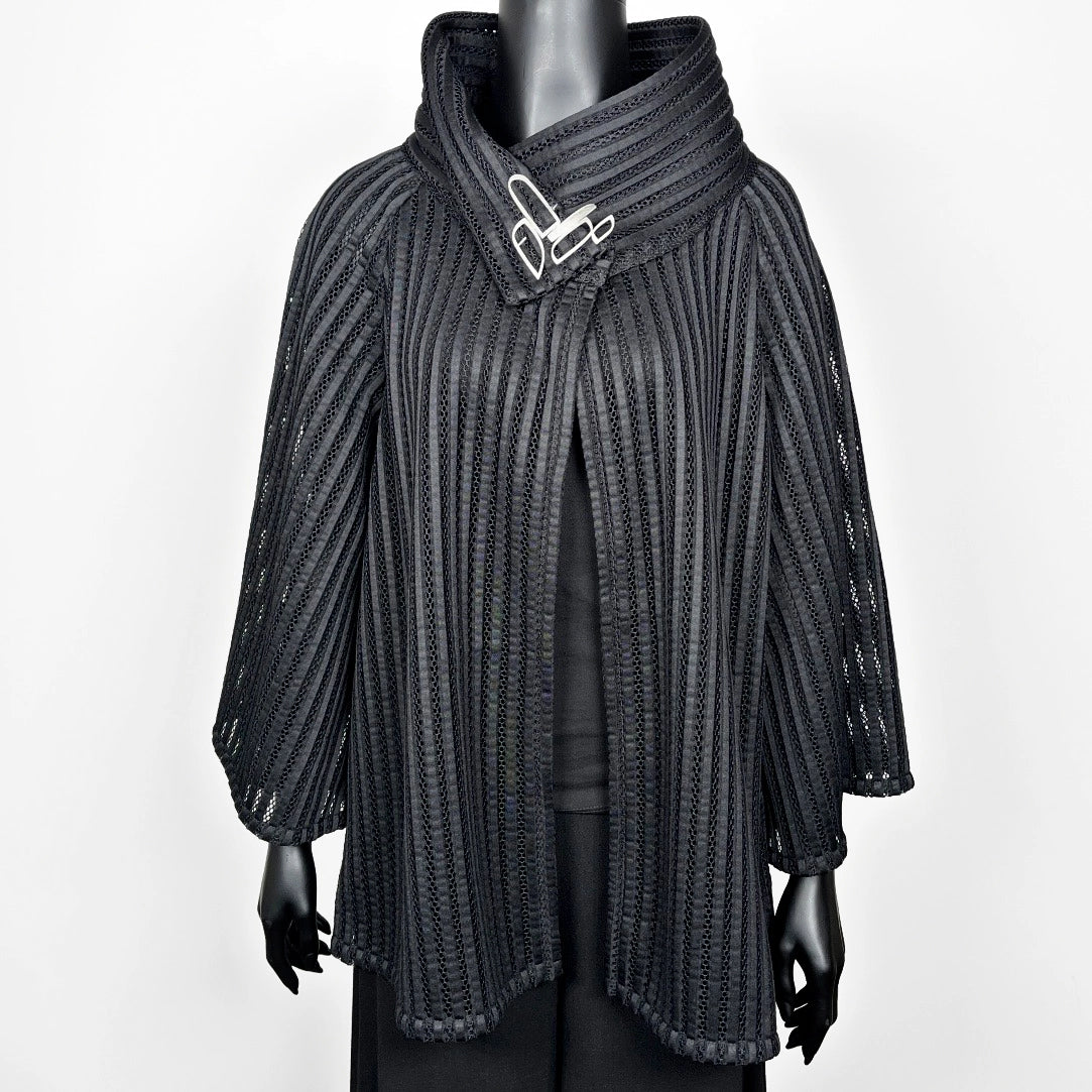 Black mesh coat with high stand up collar and statement silver brooch evening coat event wear unique clothing made in Melbourne Eloise the label