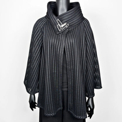 Black mesh coat with high stand up collar and statement silver brooch evening coat event wear unique clothing made in Melbourne Eloise the label