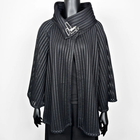 Black mesh coat with high stand up collar and statement silver brooch evening coat event wear unique clothing made in Melbourne Eloise the label