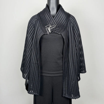 Black mesh coat with high stand up collar and statement silver brooch evening coat event wear unique clothing made in Melbourne Eloise the label