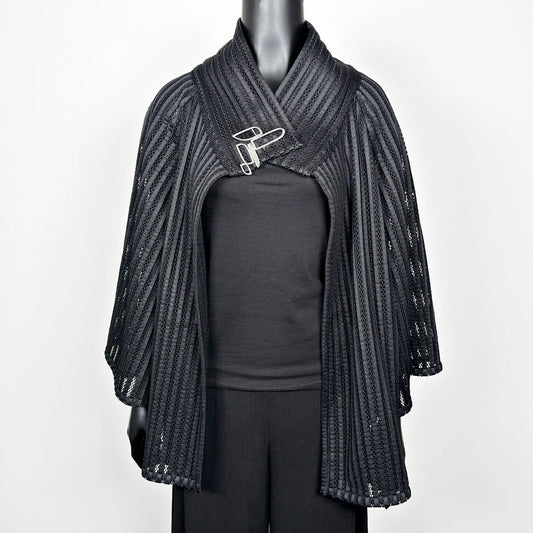 Black mesh coat with high stand up collar and statement silver brooch evening coat event wear unique clothing made in Melbourne Eloise the label