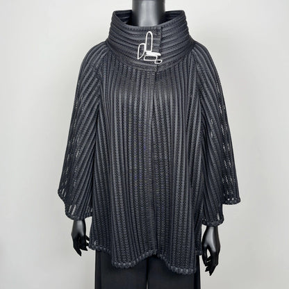 Black mesh coat with high stand up collar and statement silver brooch evening coat event wear unique clothing made in Melbourne Eloise the label