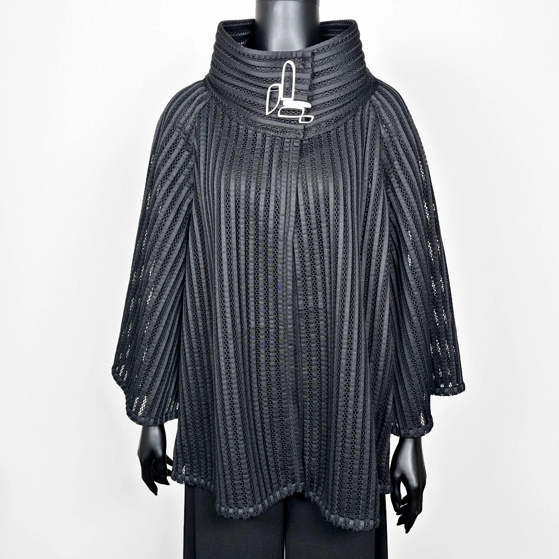 Black mesh coat with high stand up collar and statement silver brooch evening coat event wear unique clothing made in Melbourne Eloise the label