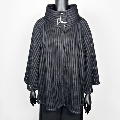 Black mesh coat with high stand up collar and statement silver brooch evening coat event wear unique clothing made in Melbourne Eloise the label