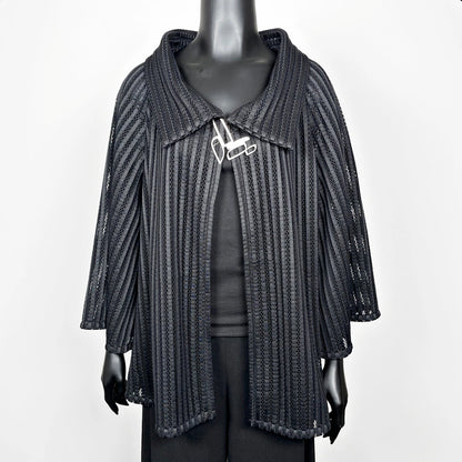 Black mesh coat with high stand up collar and statement silver brooch evening coat event wear unique clothing made in Melbourne Eloise the label